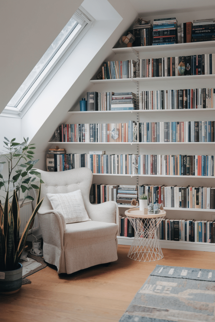 A cozy reading nook with an armchair, wall of books, and a lamp