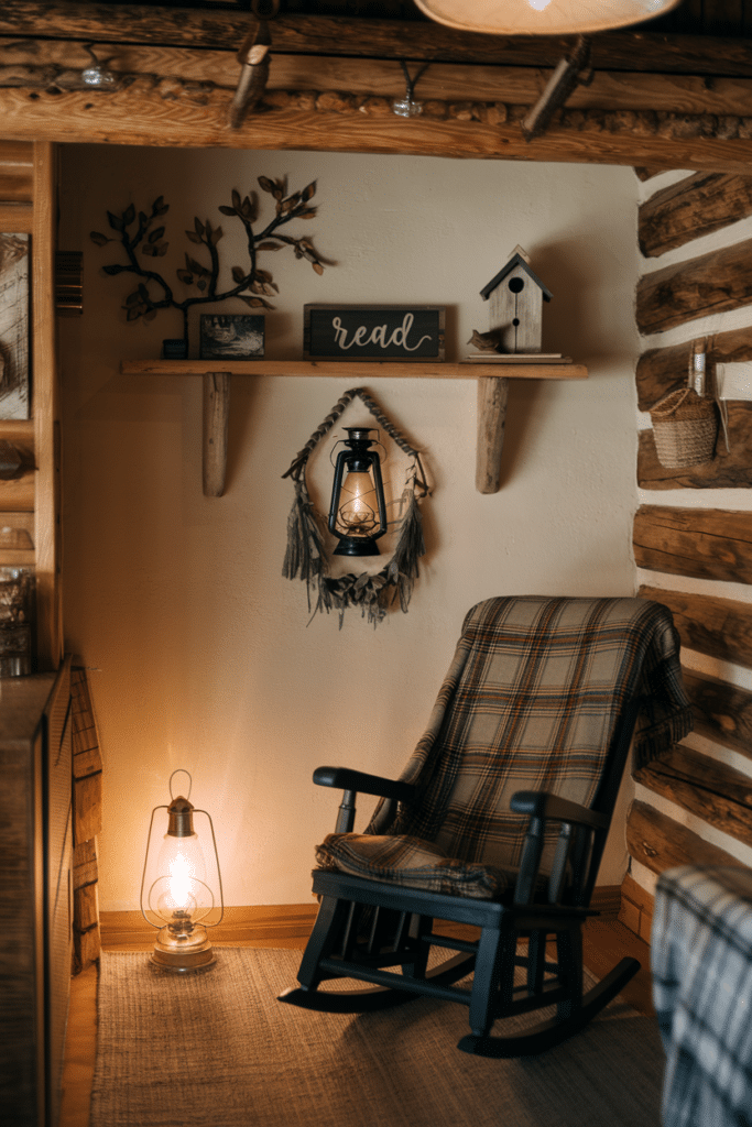 A rustic cabin reading nook