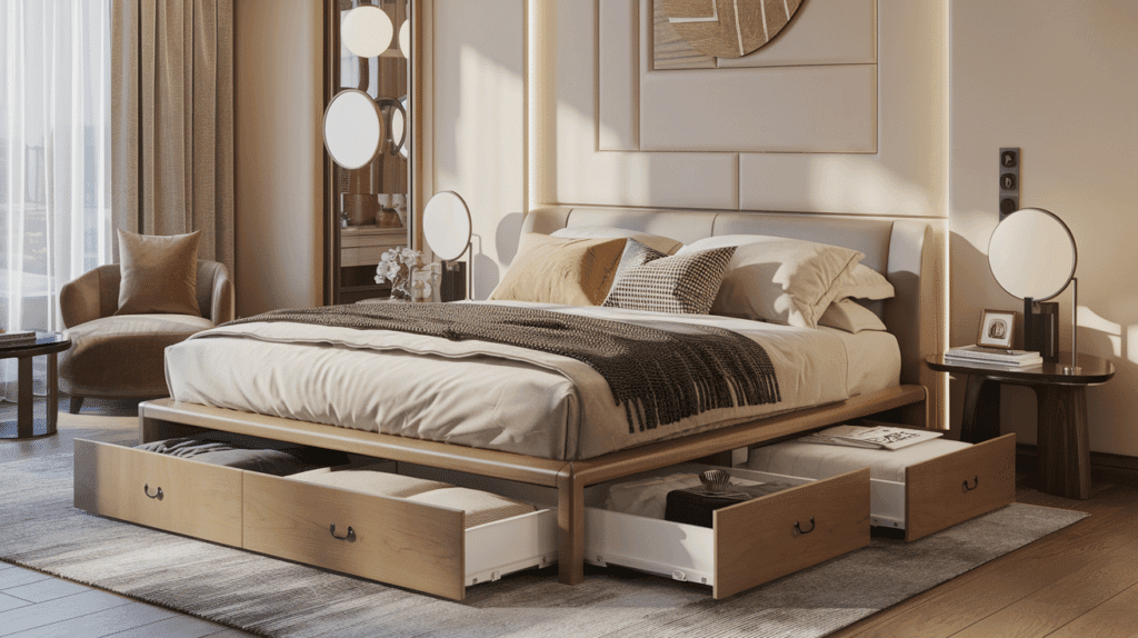 Bed frames with built-in storage a bed with drawers under it