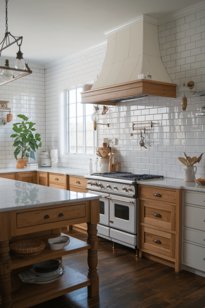 Classic white subway tile backsplash in a farmhouse kitchen