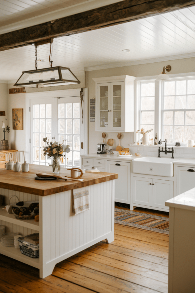 Cozy farmhouse kitchen with wooden beams and an open layout