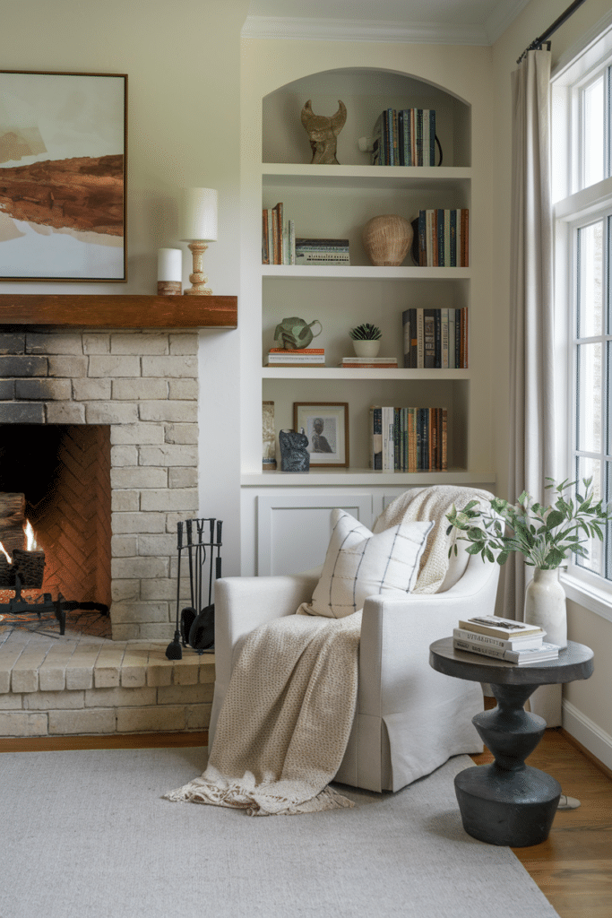 Cozy reading nook with a fireplace