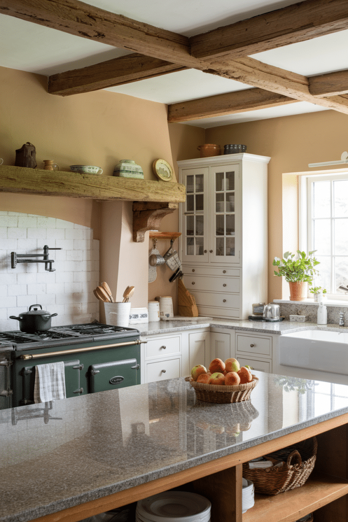 Warm hued granite countertops in a farmhouse kitchen setting