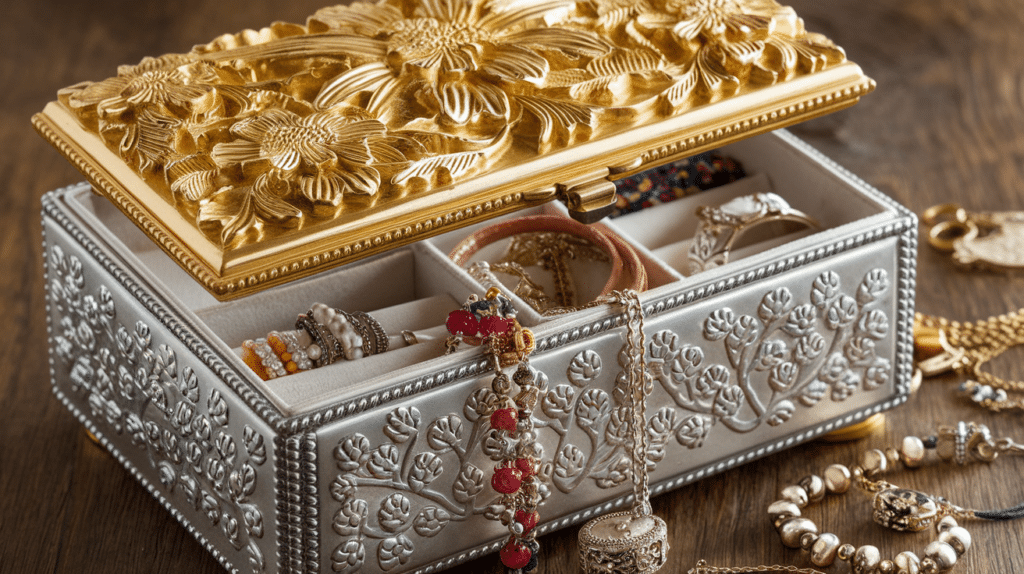 a jewelry box with gold embossed designs