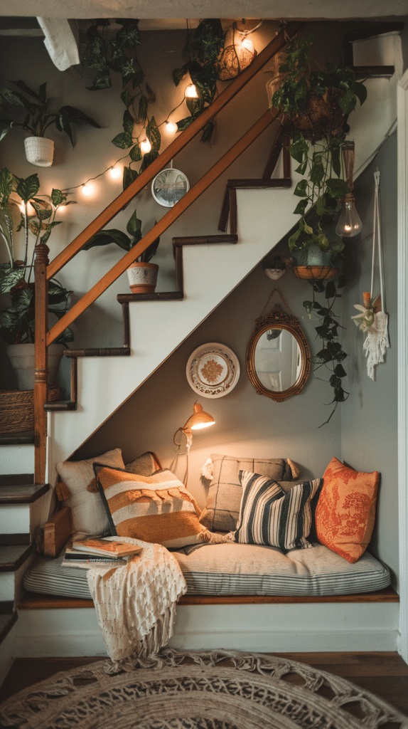 cozy reading nook under the stairs