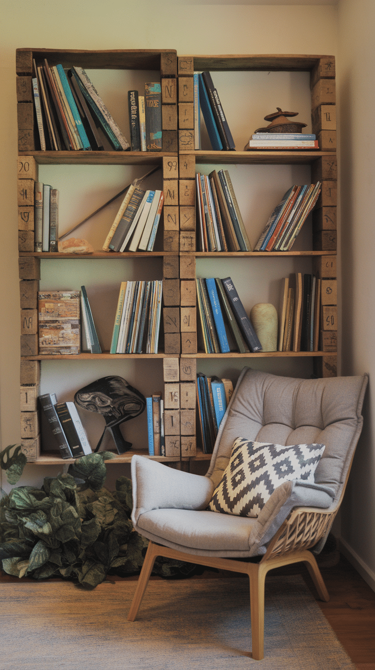 A cozy reading nook featuring a unique wooden bookshelf filled with books, a comfortable chair with a patterned pillow, and lush green plants.