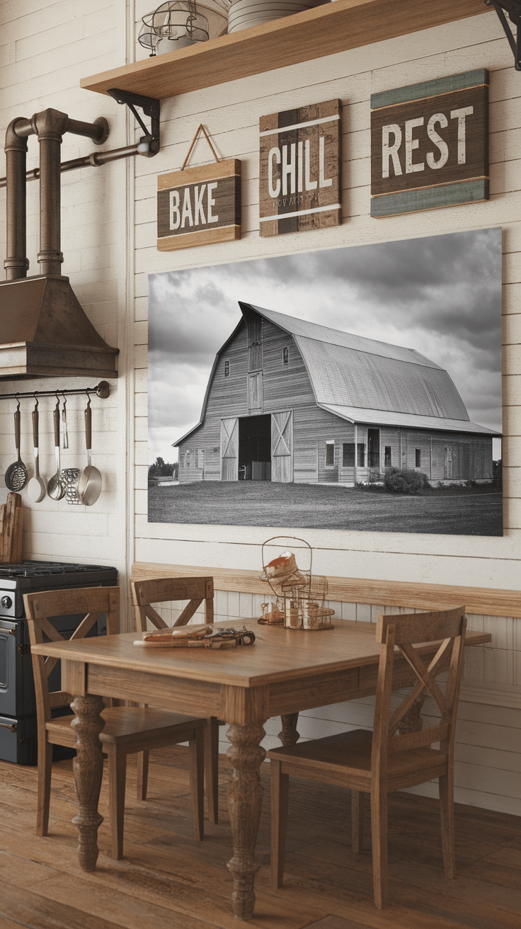 A stylish farmhouse kitchen with wooden decor and a black and white barn photo on the wall.