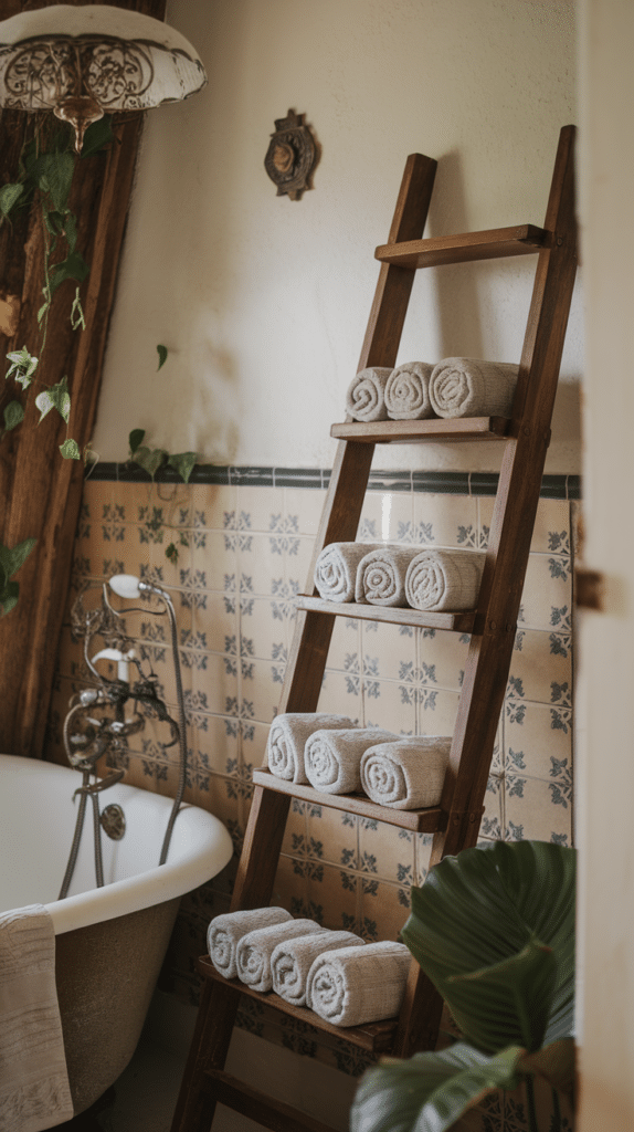 A wooden towel ladder displaying neatly rolled towels in a cozy bathroom setting.