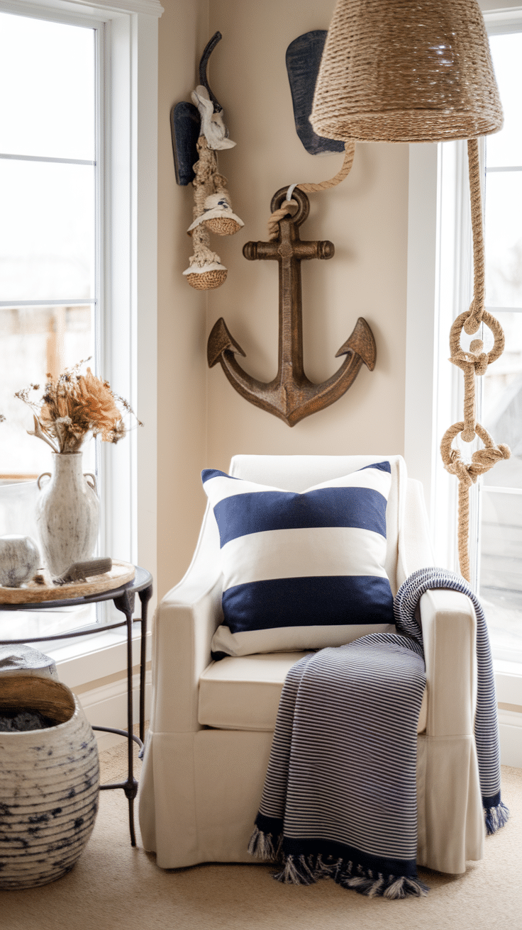 A cozy beach-themed reading nook with a white armchair, navy striped pillows, and nautical decor.