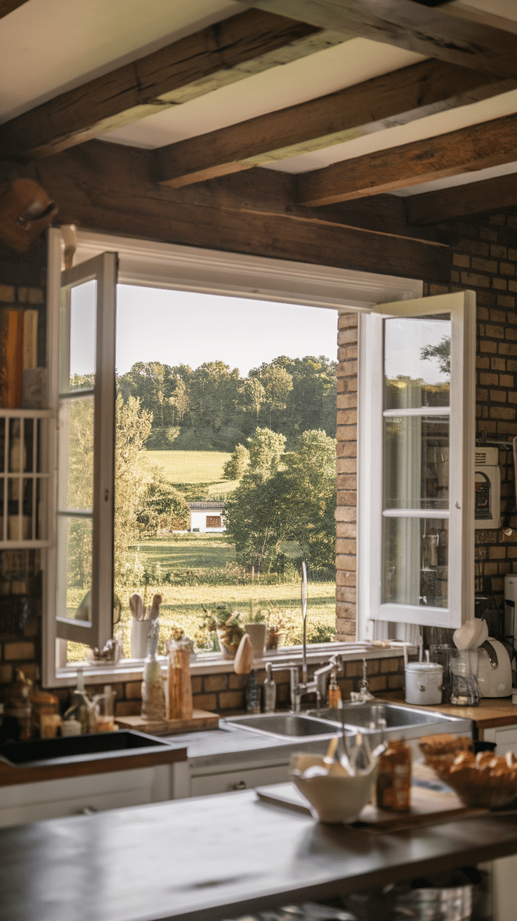 A view of a sunny landscape through an open window in a farmhouse kitchen, showing greenery and a distant building.