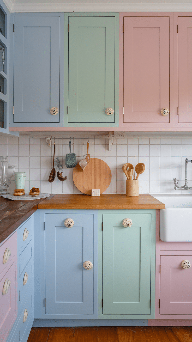 A farmhouse kitchen featuring soft pastel shaker cabinets in pink, blue, and yellow.