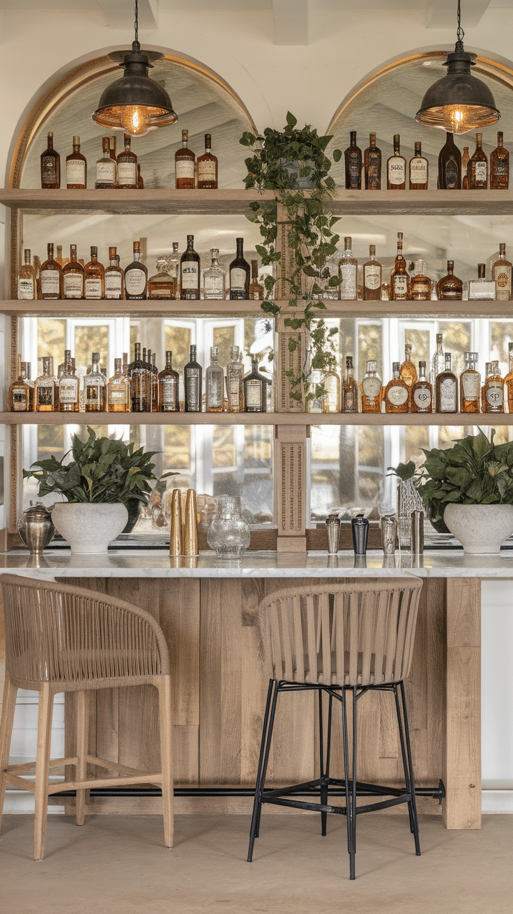 A stylish farmhouse bar area with shelves of various drinks and greenery.