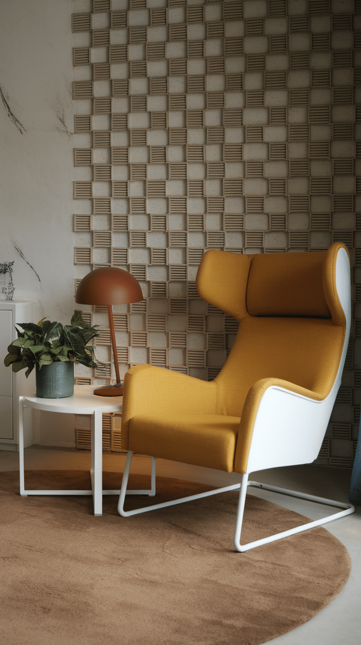 Cozy reading nook featuring a yellow chair, side table with lamp, and plant against a textured wall.