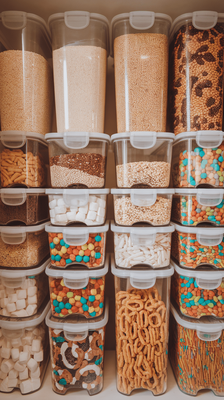 Neatly organized clear containers filled with various pantry items.