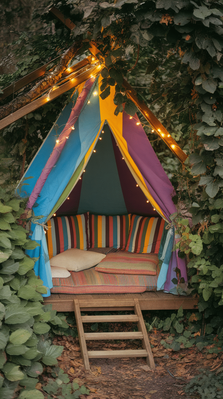 A colorful reading tent with striped cushions surrounded by greenery and fairy lights.