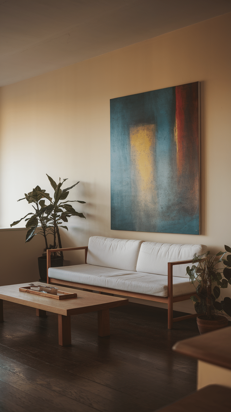 A minimalist living room featuring a white sofa, wooden coffee table, and a large abstract painting.