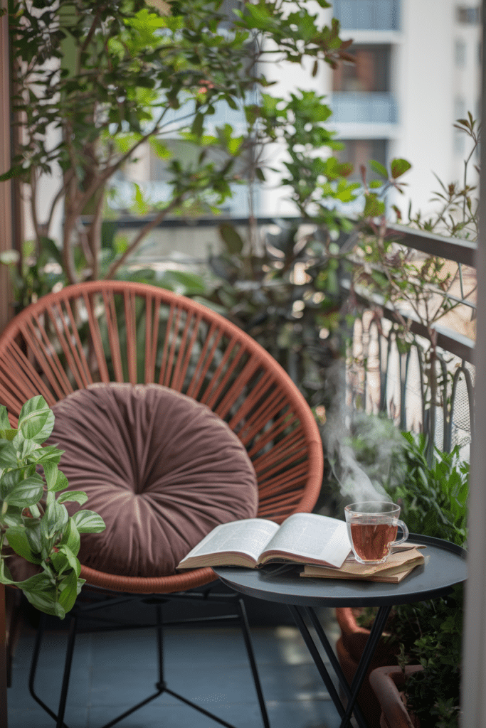 a chair and a table with a book and a cup of tea on it