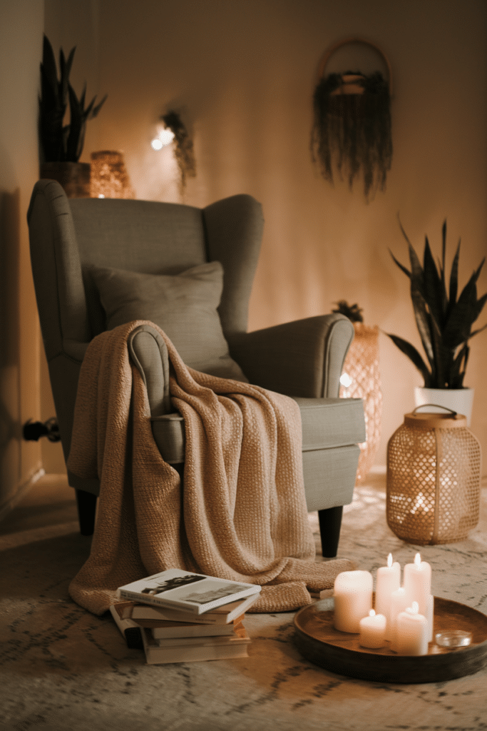 a chair with a blanket and candles