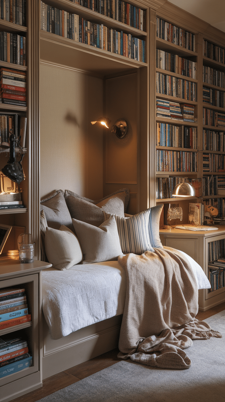 Cozy reading nook with pillows and a blanket surrounded by bookshelves.