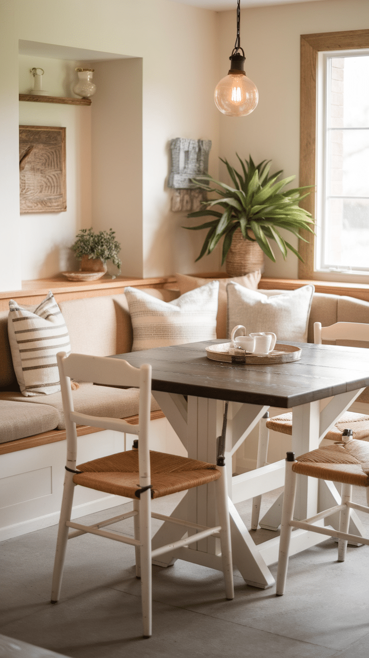 A cozy breakfast nook featuring built-in seating with cushions, a wooden table, and warm lighting.