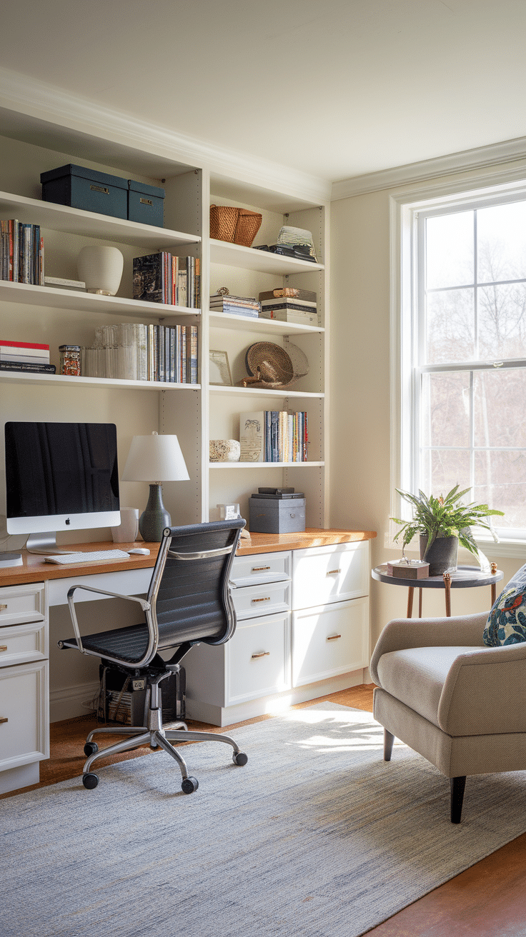 A bright office space with a desk, chair, and shelves, along with a cozy reading area.