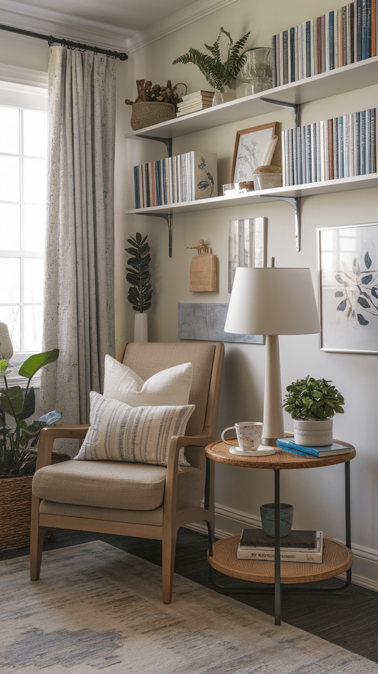 Cozy reading nook with an armchair, books on shelves, and art supplies.