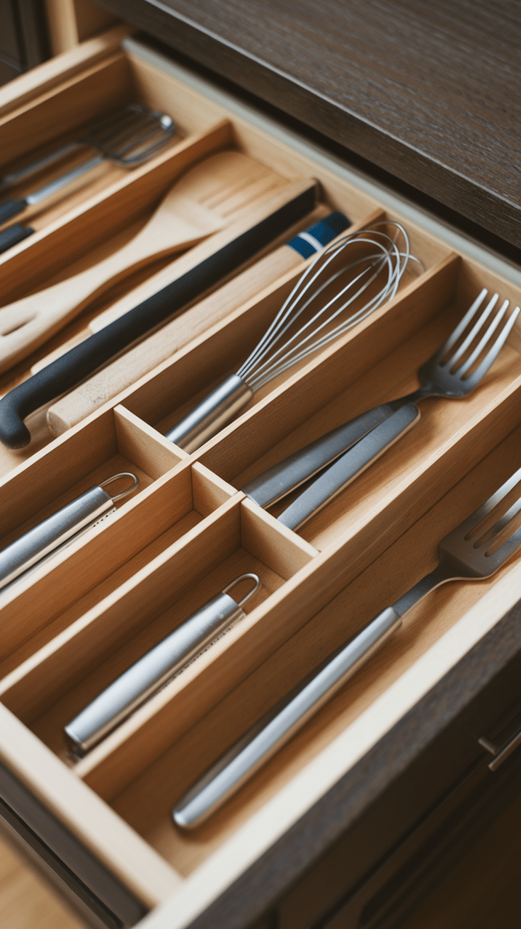 A neatly organized drawer with customizable inserts for kitchen utensils.