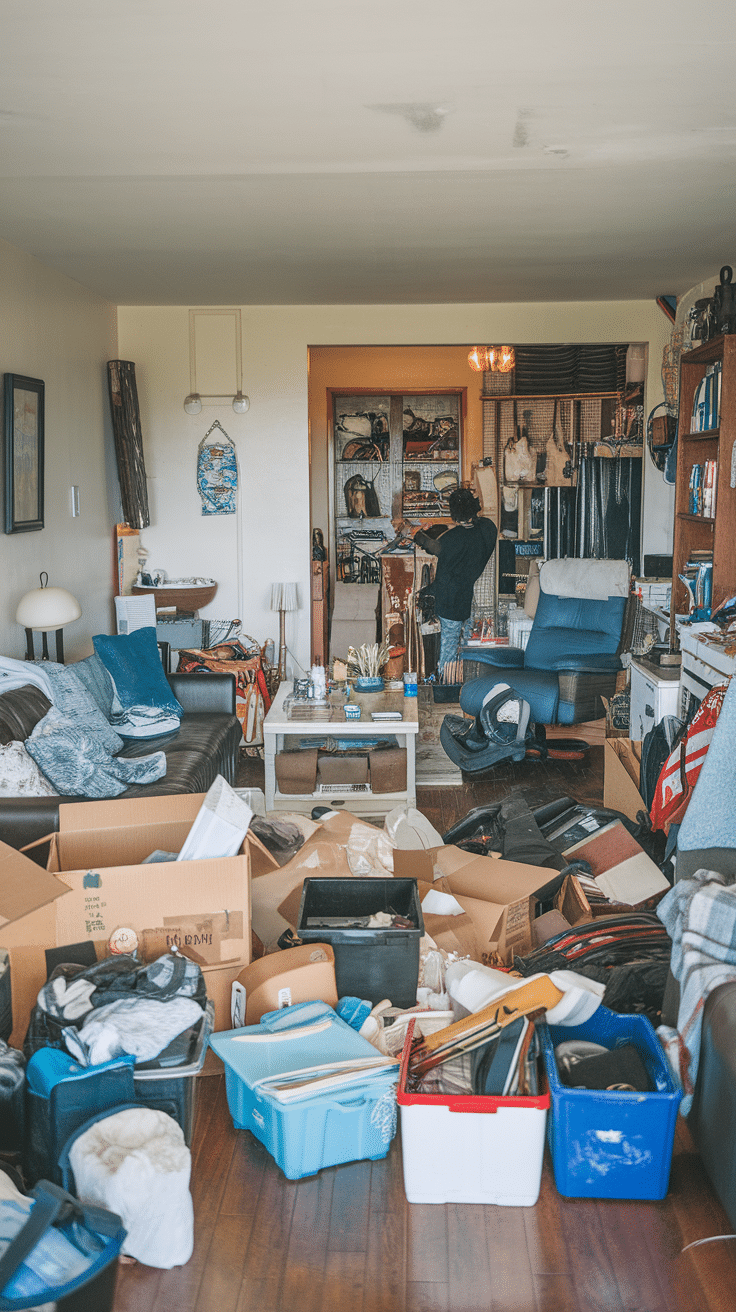 A messy living room filled with boxes and various items needing organization.