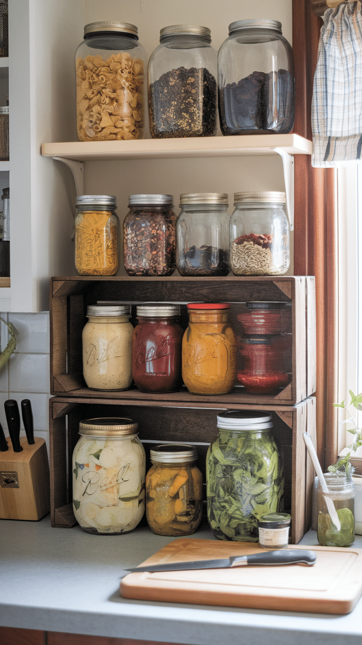 A collection of decorative mason jars filled with various ingredients, arranged on wooden shelves in a farmhouse kitchen.