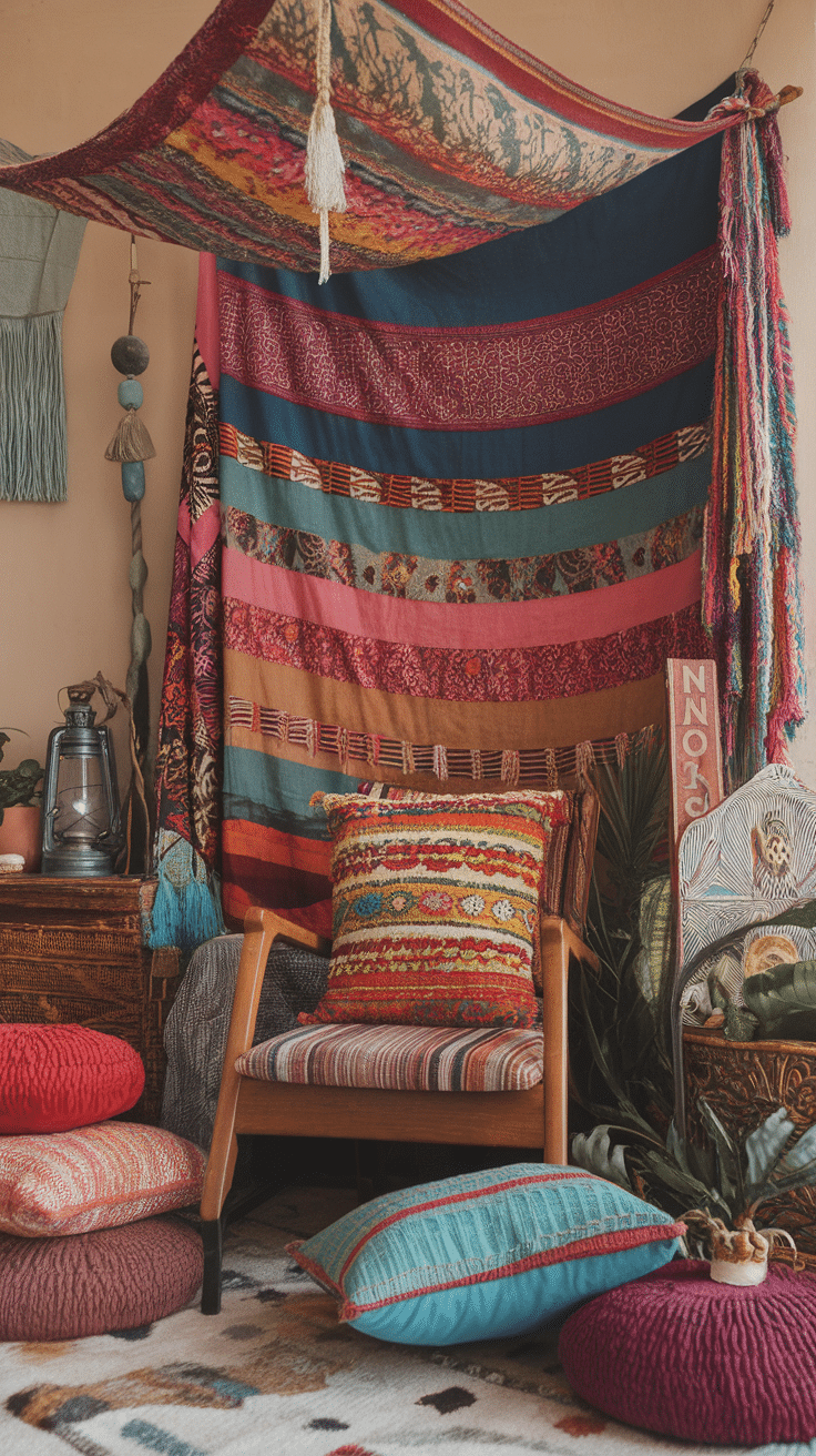 A cozy bohemian reading nook with colorful textiles, cushions, and plants.