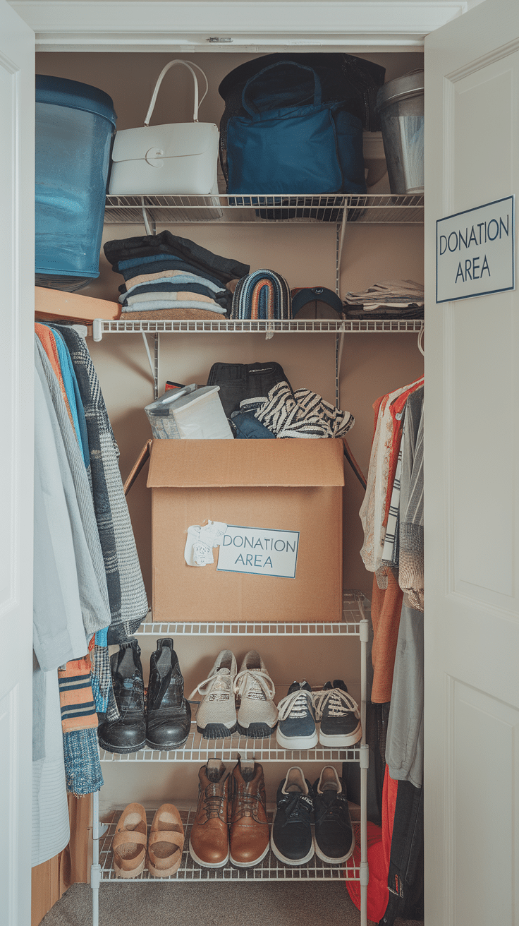 A closet with a clear donation area, including a labeled box and organized shoes and clothing.