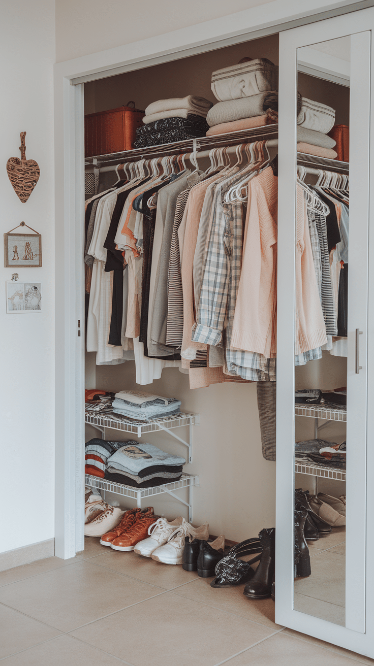 Organized closet with clothes on hangers and shoes on the floor