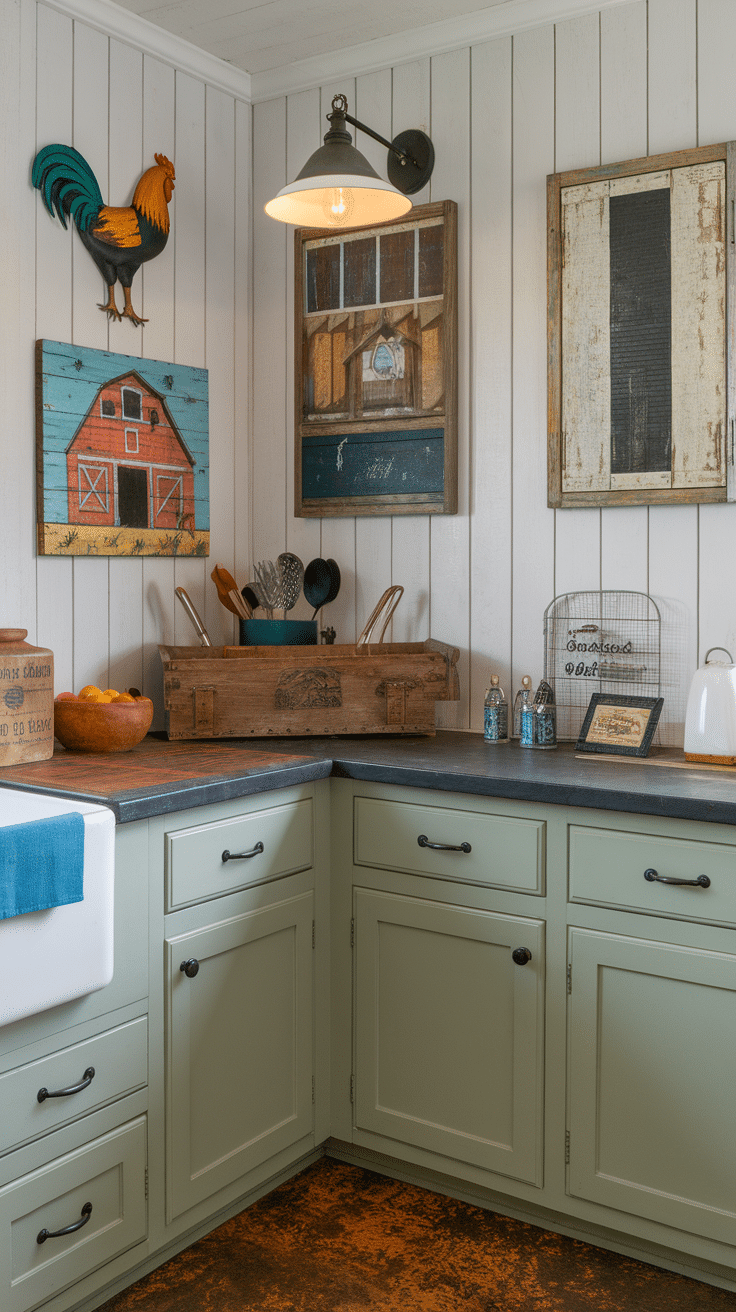 Decorative accents in a farmhouse kitchen featuring wooden barrels, chickens, and a vintage ladder.