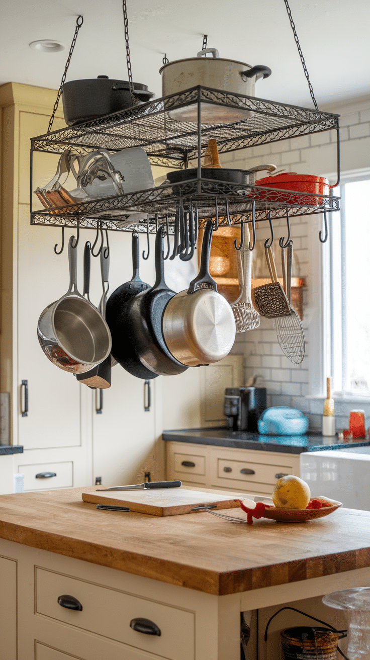 Hanging pot rack with various pots and pans in a farmhouse kitchen