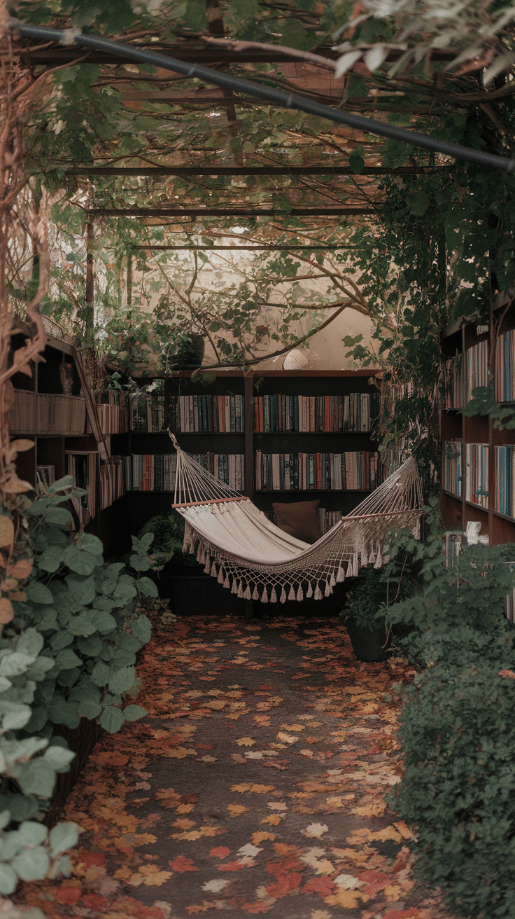 A cozy garden nook featuring a hammock surrounded by bookshelves and lush greenery.