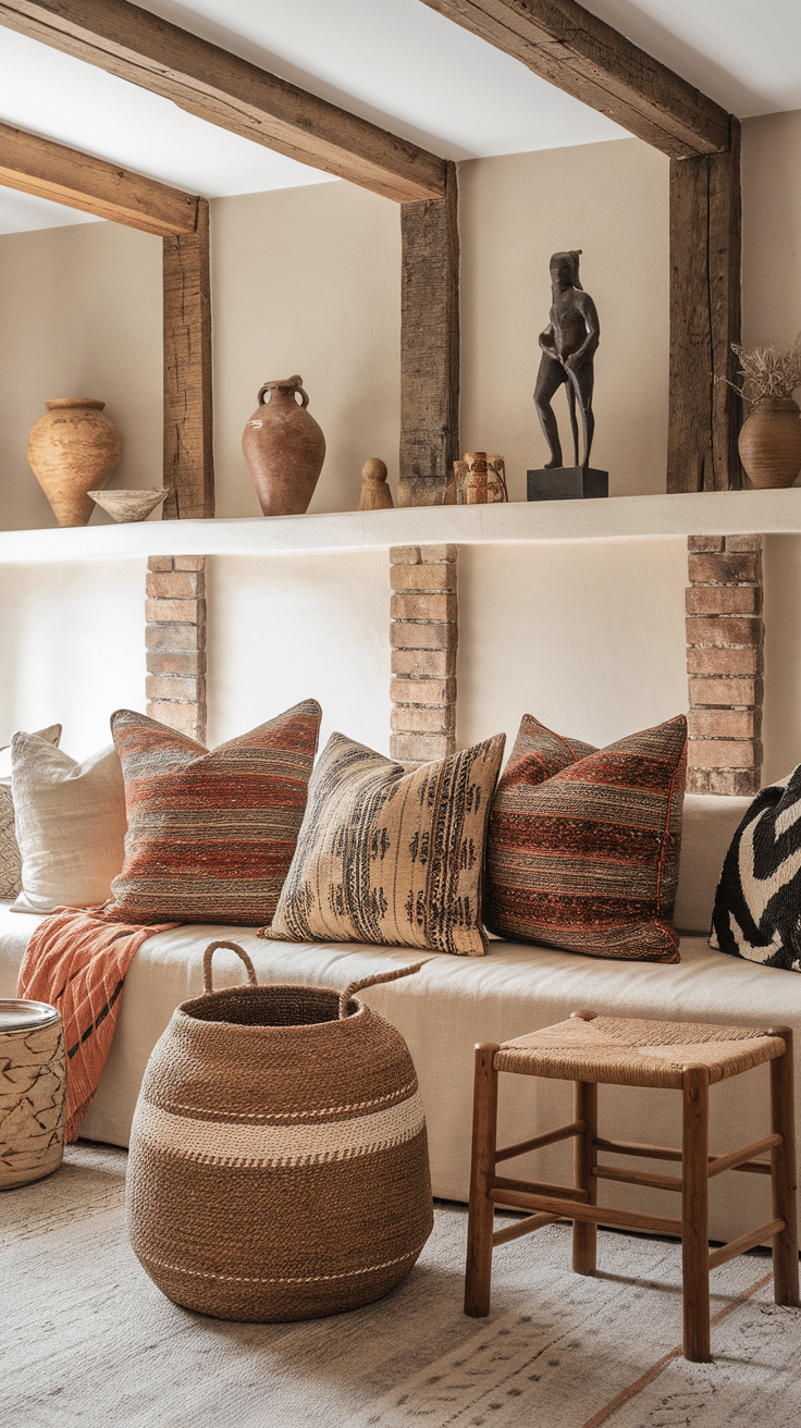 A cozy boho living room featuring colorful cushions, rustic decor, and earthy accents.