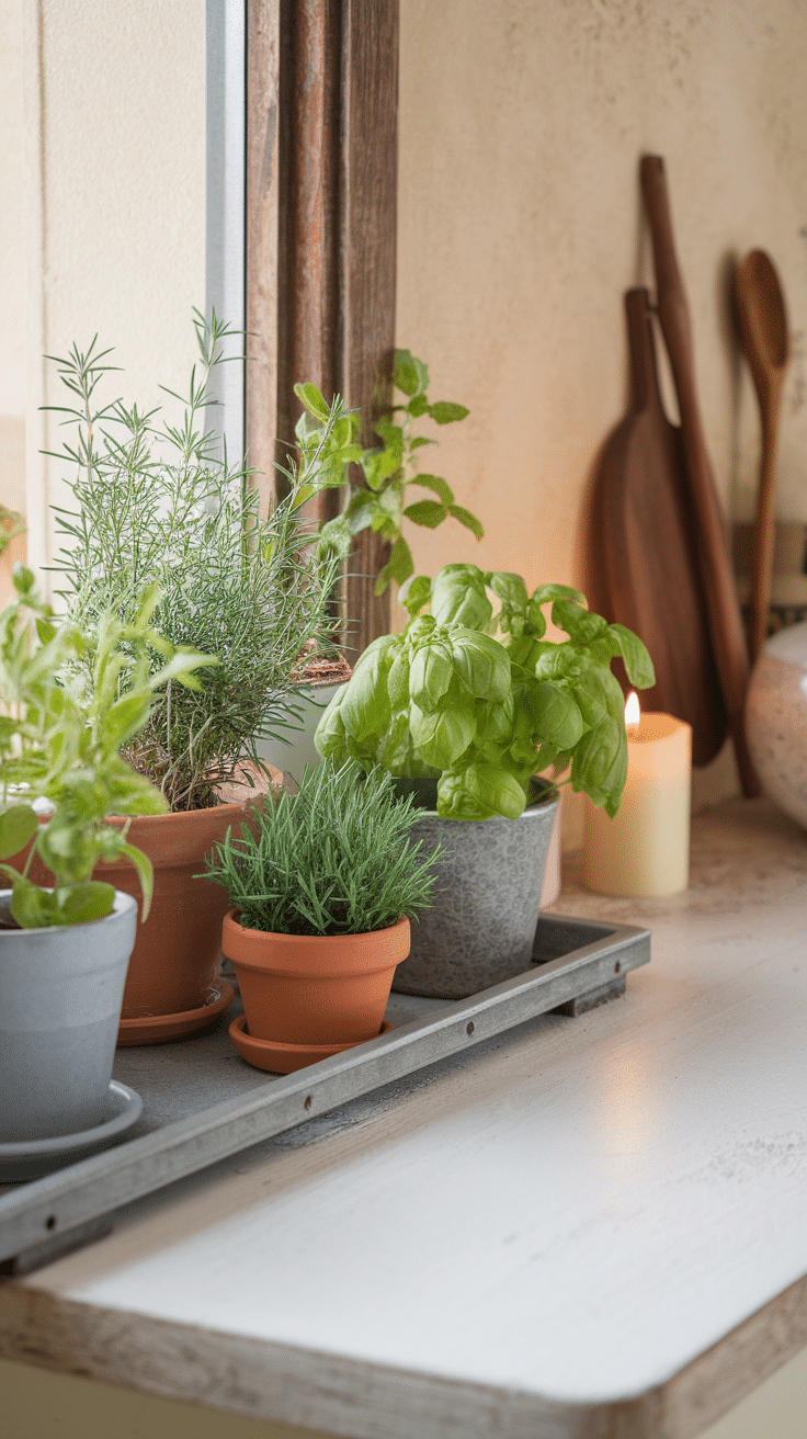 A collection of potted herbs on a windowsill, including basil and rosemary, with kitchen utensils in the background.