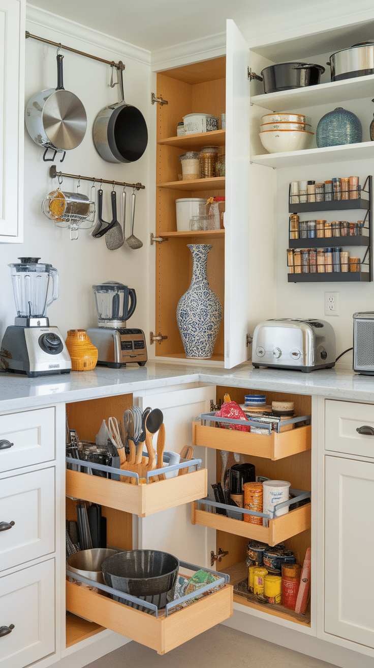 A well-organized kitchen with pull-out drawers and neatly arranged shelves.