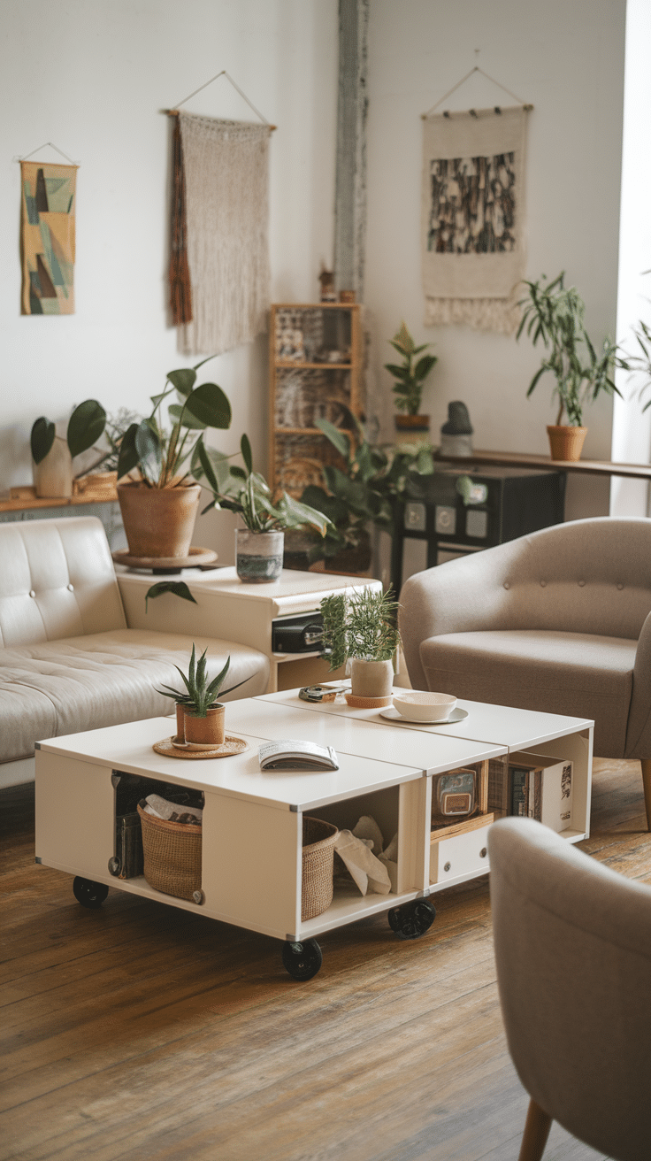 A stylish living room featuring a multi-functional coffee table with storage, surrounded by plants and cozy seating.