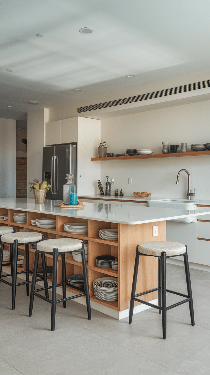 Modern kitchen island with seating and organized dish storage