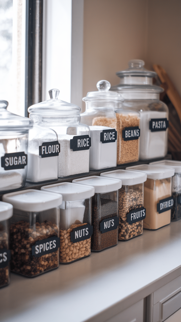 A neatly organized kitchen shelf with labeled jars containing various ingredients.