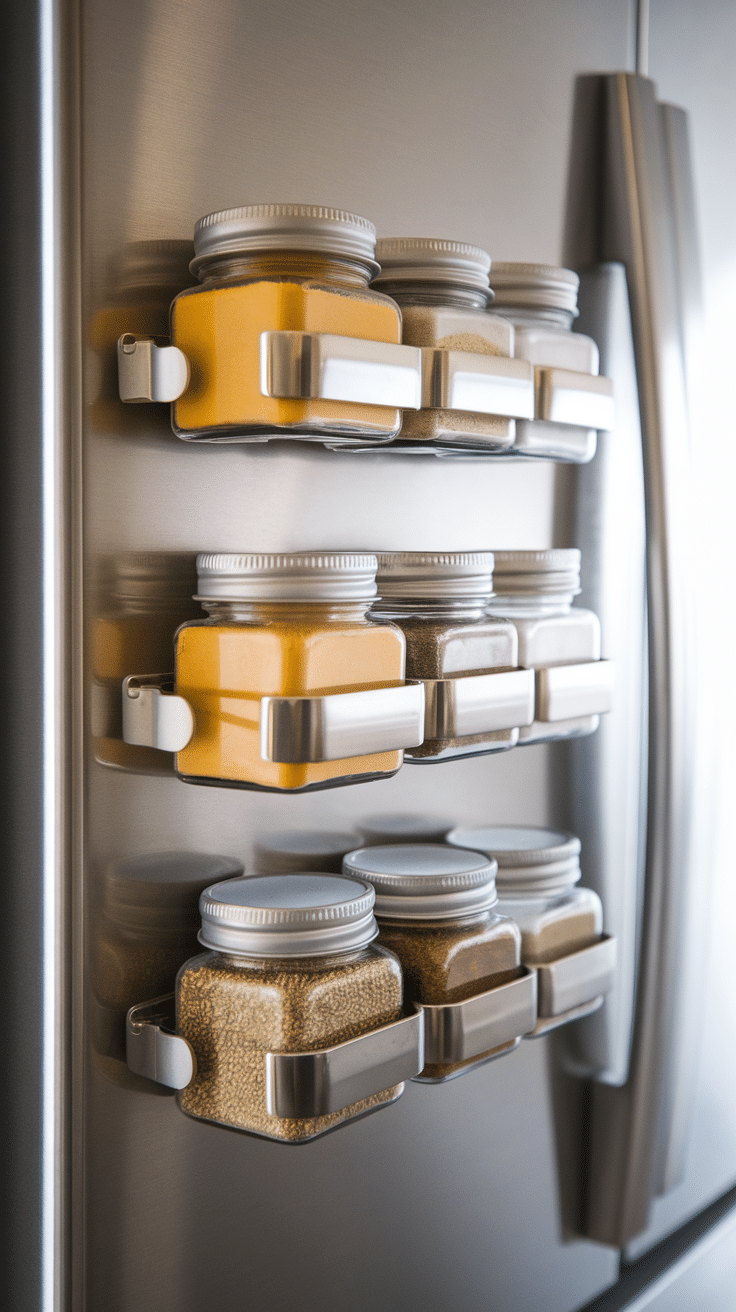 Magnetic spice jars mounted on a refrigerator