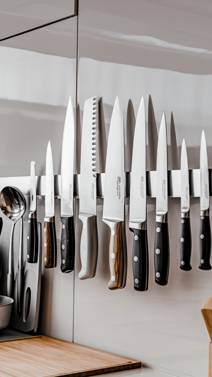 A set of various kitchen knives neatly arranged on a magnetic strip.