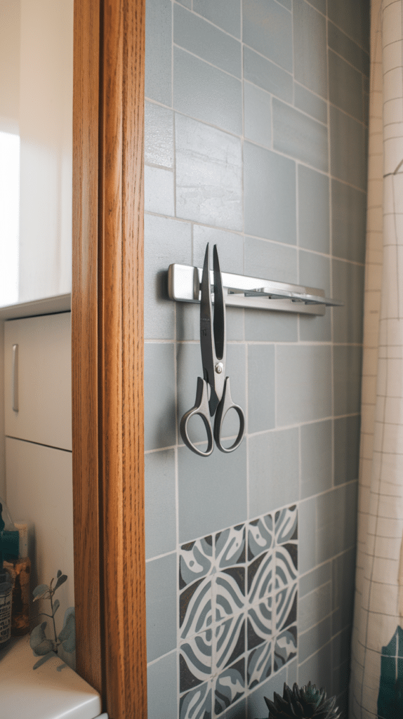 Scissors hanging on a magnetic strip in a bathroom setting