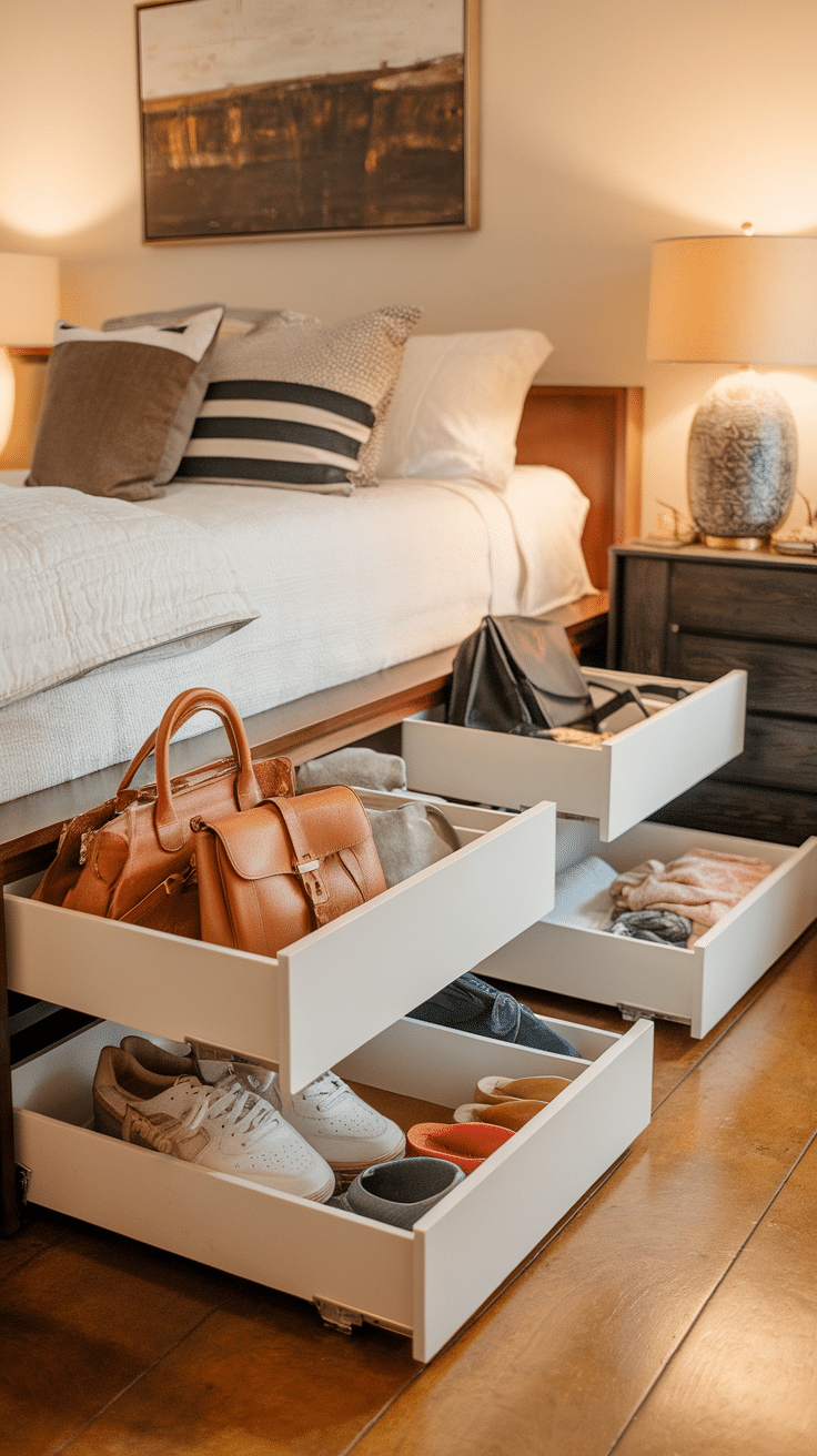 Drawers under a bed filled with shoes and bags, showcasing effective storage solutions.