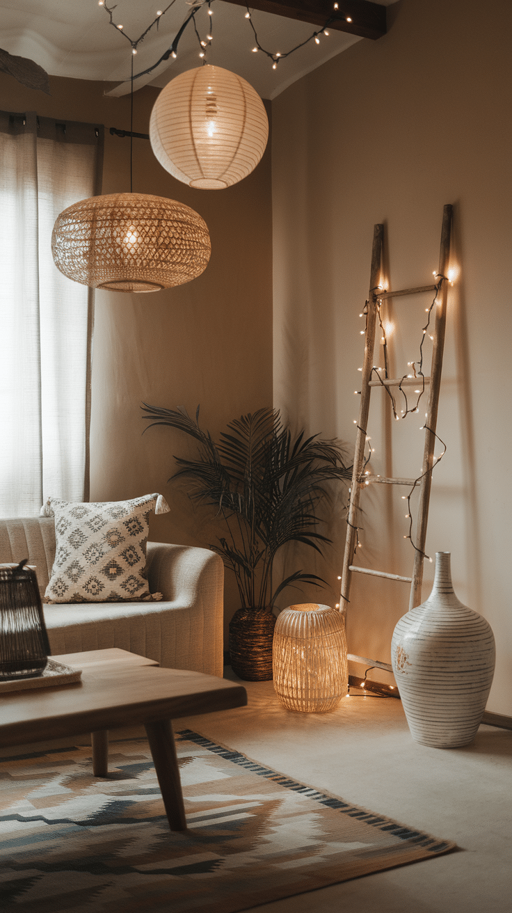 Cozy boho living room with unique light fixtures and a relaxed atmosphere.