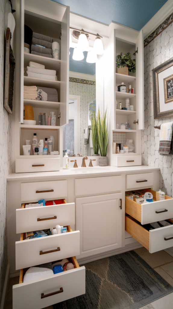 Neatly organized bathroom vanity with open shelves and drawers filled with towels and toiletries.