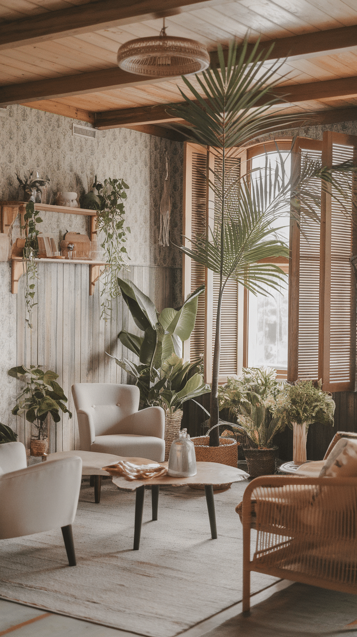 A cozy boho living room filled with various indoor plants, showcasing natural elements.