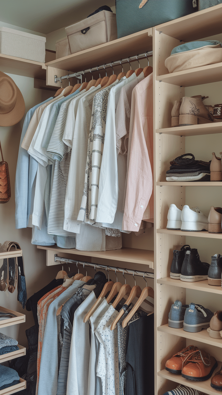 A well-organized closet with clothes on hangers, shoes on shelves, and storage bins.