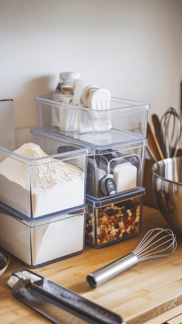 Clear bins containing baking supplies like flour, sugar, and a whisk on a wooden countertop.